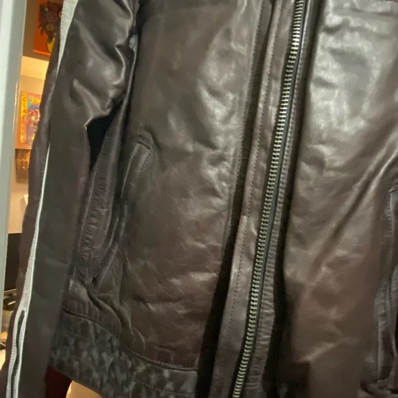 Men's Brown Leather Jacket with White Racing Stripes